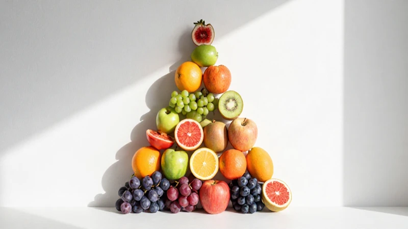 Pirámide colorida de frutas bajo la luz