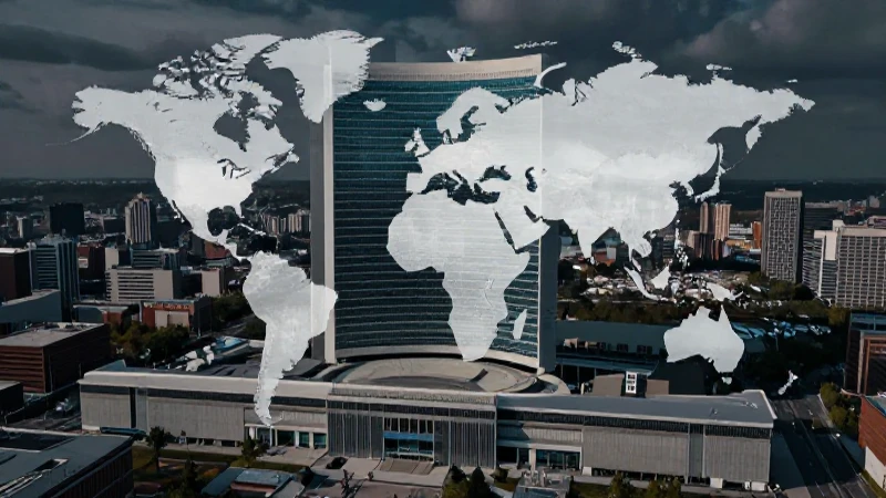 Sede ONU vista aérea con mapa estilizado