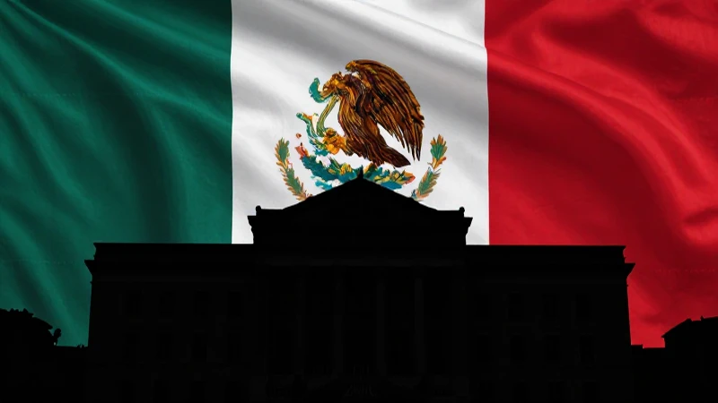 Bandera mexicana, silueta del parlamento, luz dramática