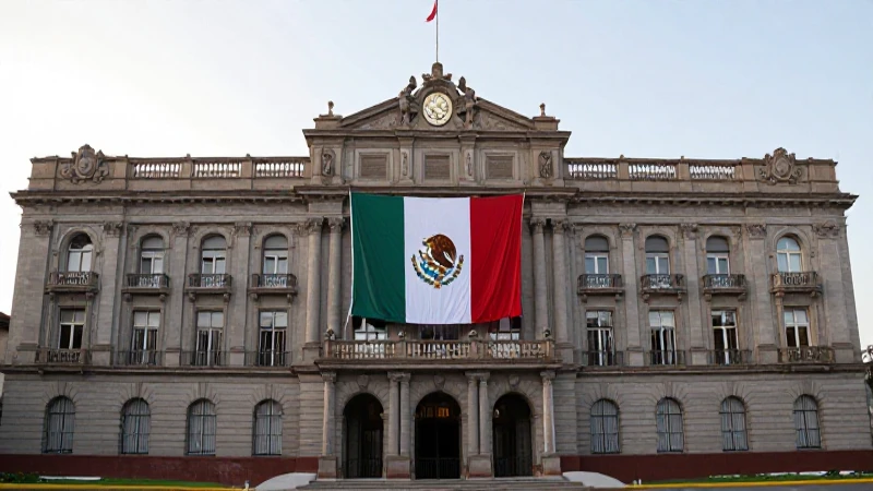 Bandeira mexicana, edificio público e luz suave