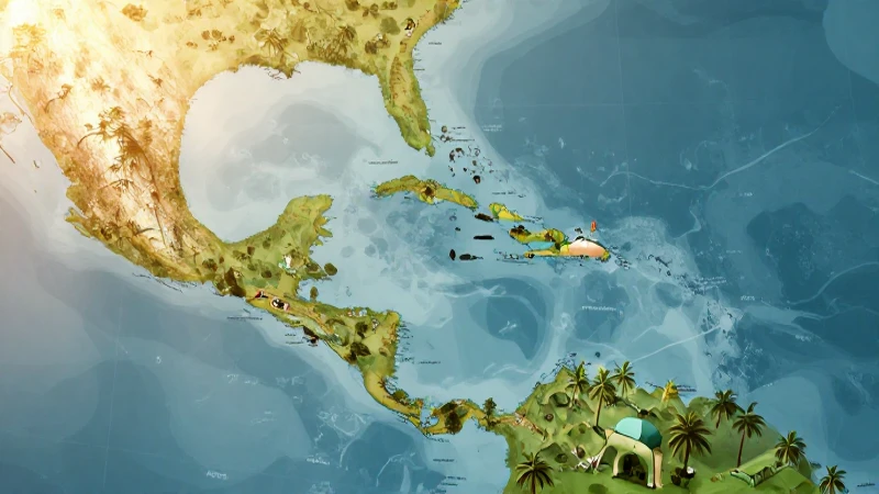 Mapas caribeños, arte conceptual, luz cálida
