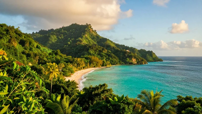 Paisaje caribeño exuberante, realista y bañado en oro
