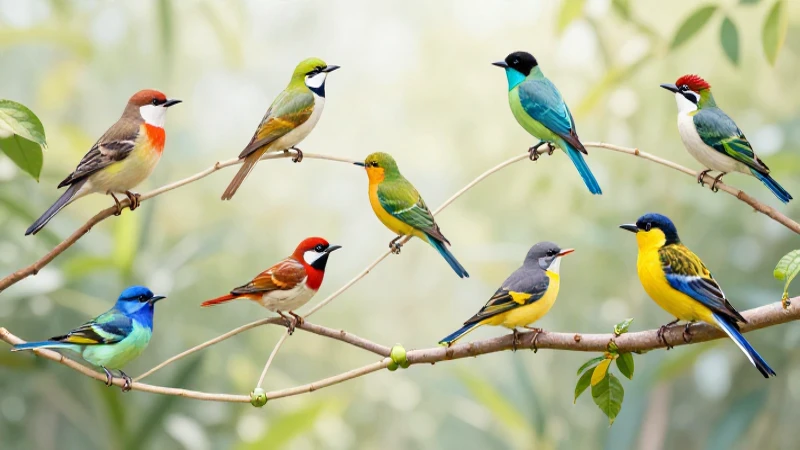 Aves coloridas entrelazadas bajo luz suave