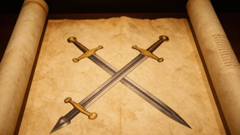 Pergamino medieval con espadas, luz dorada