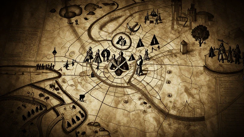 Mapa medieval ilustra caballeros con luz dramática