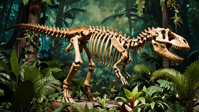 Mapa conceptual de las eras geológicas 4 Esqueleto de dinosaurio en jungla iluminado