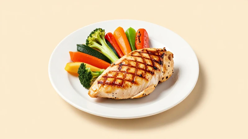 Pollo asado con vegetales, vista isométrica