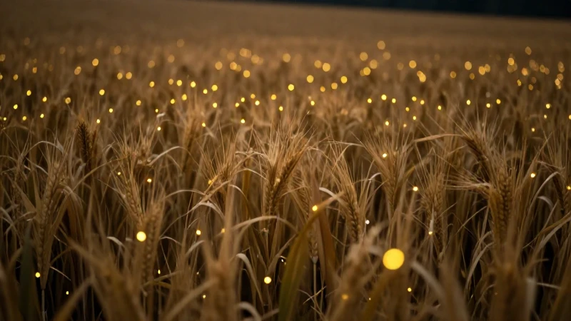 Campo dorado, luciérnagas brillantes, luz cinematográfica