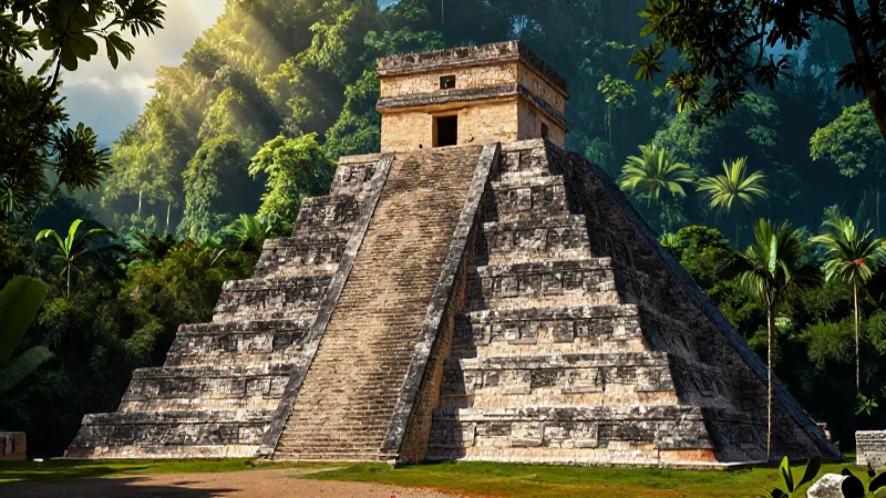 Mapa conceptual de los mayas: guía completa y paso a paso 6 Piramíde maya, selva exuberante, luz dramática