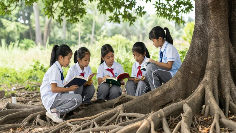 Niños aprenden al aire libre, luz suave
