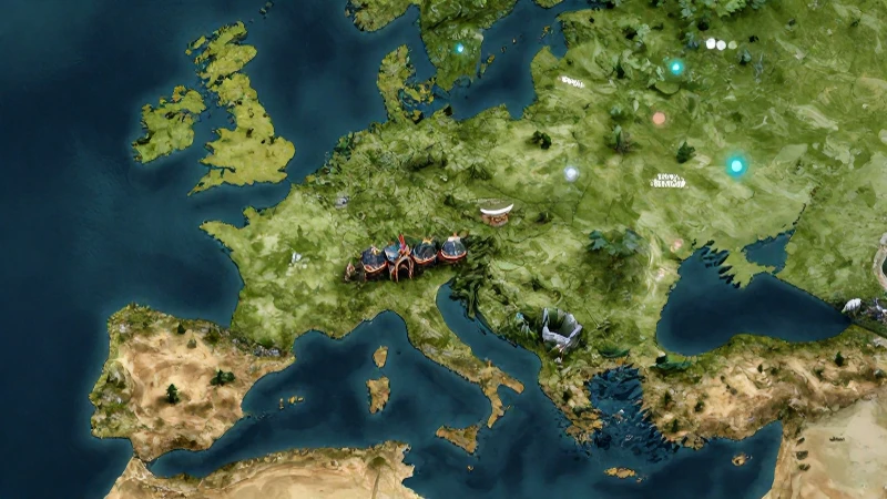 Mapa estilizado de cinco reinos fantásticos