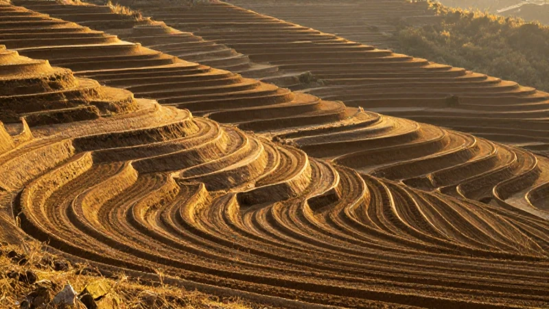 Agricultura en terrazas con luz dorada realista