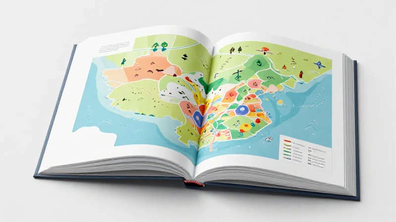 Libro abierto muestra colorido mapa ilustrado