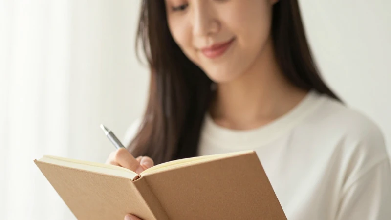 Mujer sonríe con libreta, luz cálida