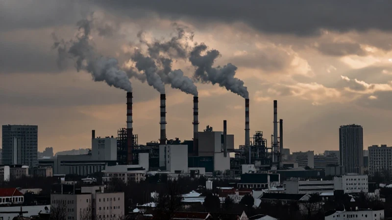 Ciudad contaminada bajo humo dramático