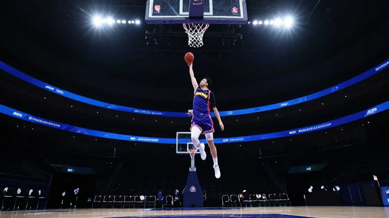 Jugador de baloncesto vuela en escena dramática