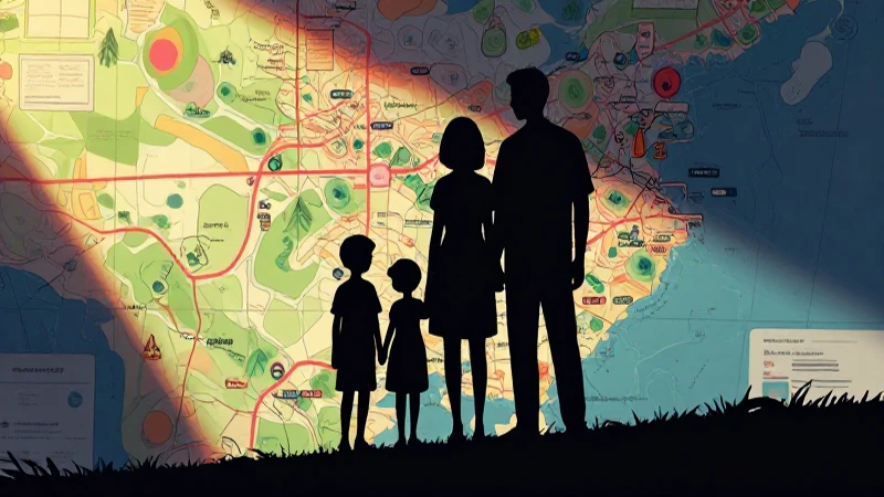 Familia desplazada capturada artísticamente con luces dramáticas