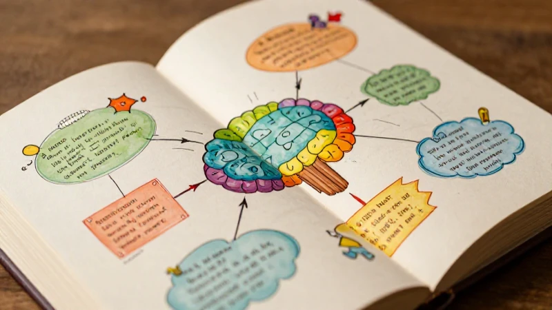 Libro abierto, mapa mental colorido e iluminación cálida
