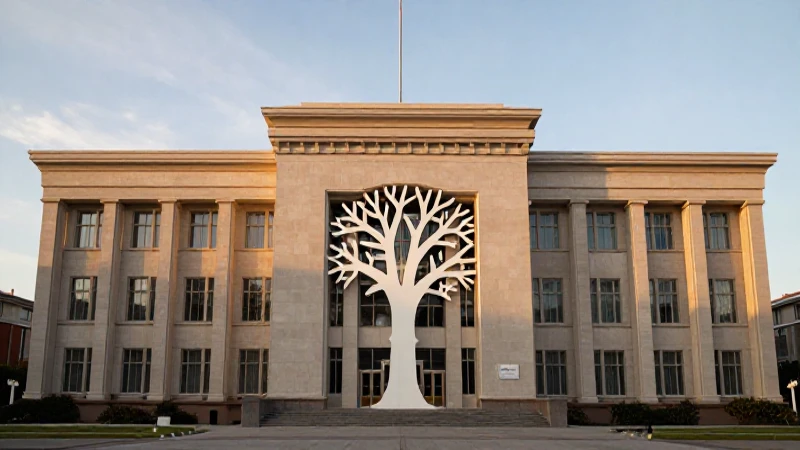 Fachada iluminada con silueta arbórea estilizada