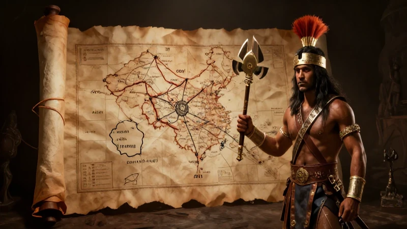 Guerrero inca y mapa iluminado dramáticamente