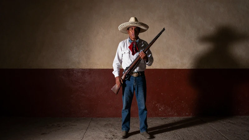 Revolucionario mexicano con fusil, dramatismo intenso