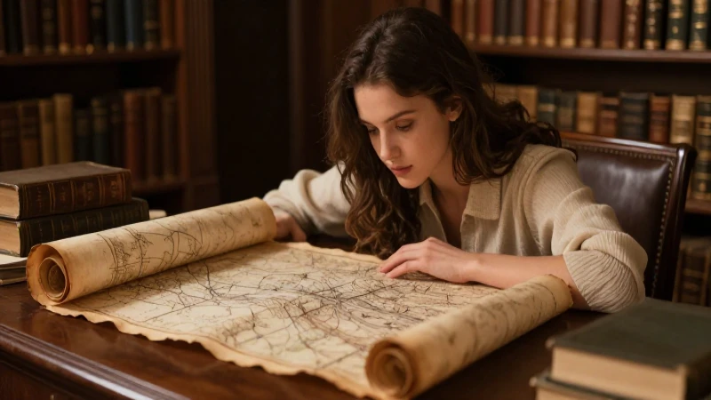 Joven estudia con mapa antiguo iluminada