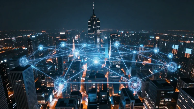 Ciudad futurista: luces holográficas, amplios nodos interconectados