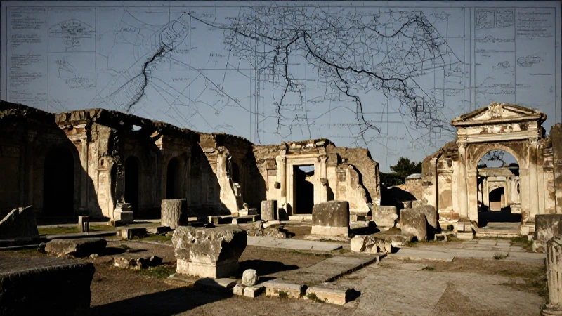 Mapa conceptual del Imperio Romano: Claves de su caída 4 Ruinas romanas, mapa roto, luz dramática