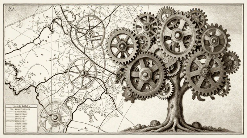 Mapa antiguo con árbol mecánico detallado