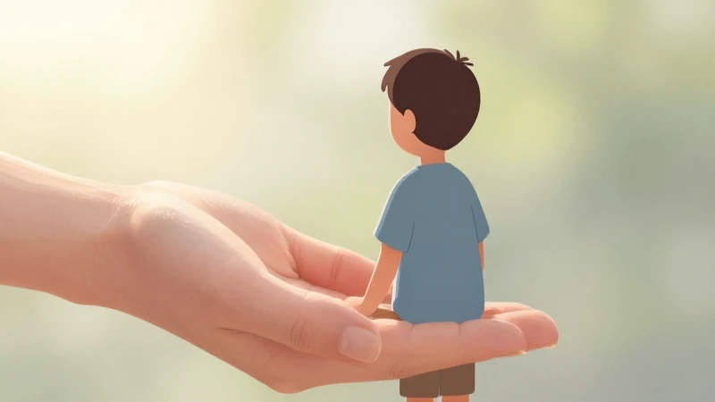 Niño bajo luz suave, mano protectora