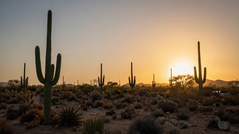 Desierto dorado con siluetas de cactus