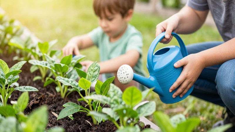 Familia riega plantas en jardín soleado