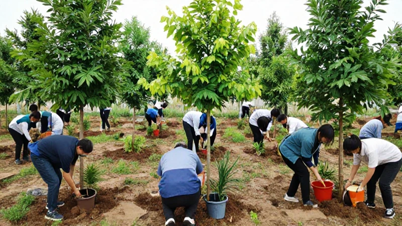Vecinos plantan árboles bajo luz suave