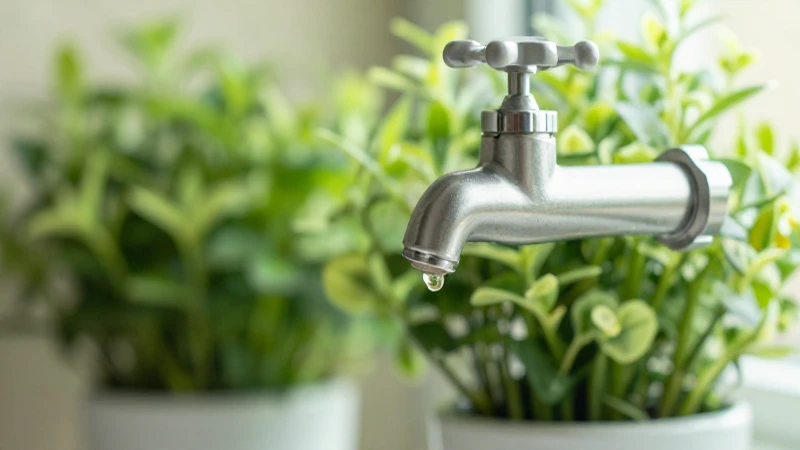 Grifo gotea, plantas verdes bajo luz suave