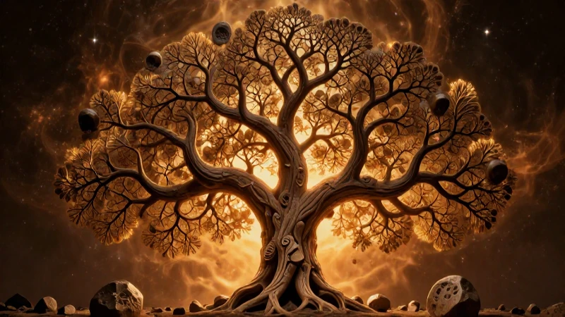 Mapa conceptual sobre el origen y evolución de la vida 6 Árbol cósmico fragmentado con cálida iluminación