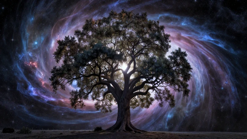 Árbol cósmico brillante, nebulosa giratoria