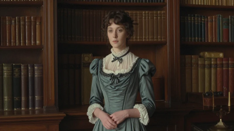 Mujer victoriana en biblioteca, luz suave