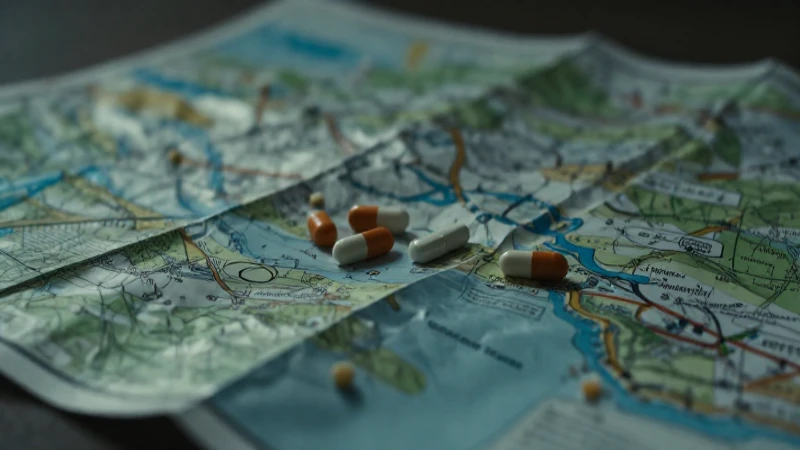 Mapa arrugado, pastillas dispersas, luz cinematográfica