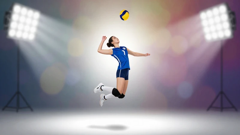 Saltador de voleibol, acción dinámica con colorido fondo