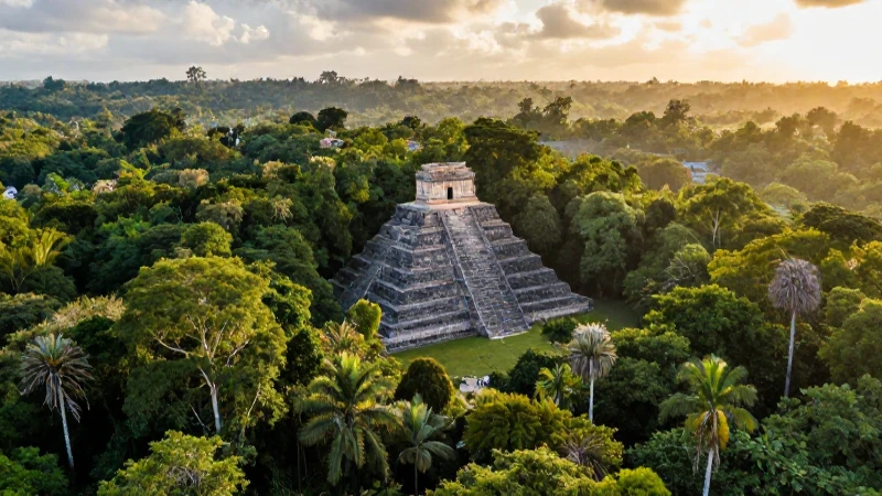 Selva chiapaneca, pirámide maya, luz dorada vibrante