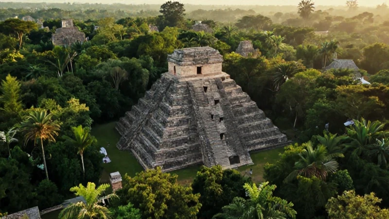 Selva exuberante, pirámides mayas y luz dorada