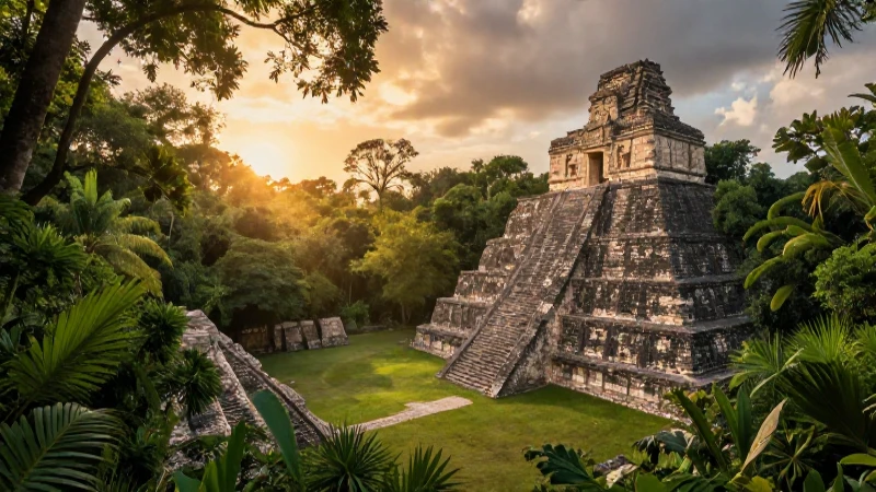 Selva exuberante, ruinas mayas, luz dorada