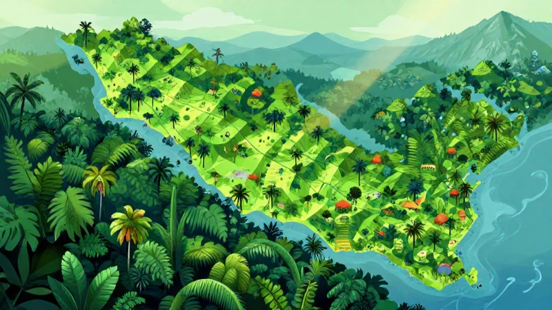 Chiapas: mapa colorido, selva exuberante e ilustrativo
