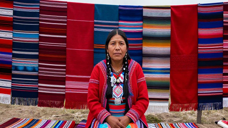 Mujer indígena, telas coloridas, luz suave