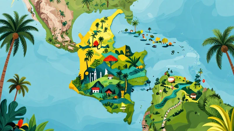 Mapa conceptual de Colombia y sus regiones: guía completa 11 Mapa vibrante de Colombia con paisaje tropical