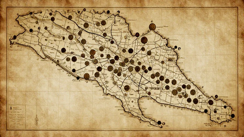 Mapa Conceptual del Imperio Romano de Oriente y Occidente 5 Mapa antiguo con monedas romanas dispersas