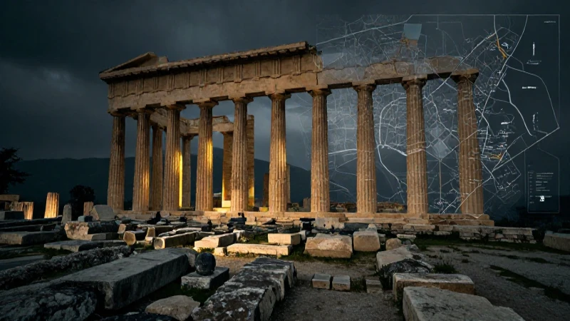 Ruinas griegas antiguas iluminadas cinematográficamente