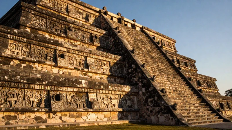 Mapa conceptual sobre zapotecas: cultura, ubicación y dioses 5 Pirámide zapoteca iluminada al atardecer