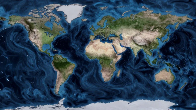 Mapamundi oceánico con flujos visuales cinematográficos