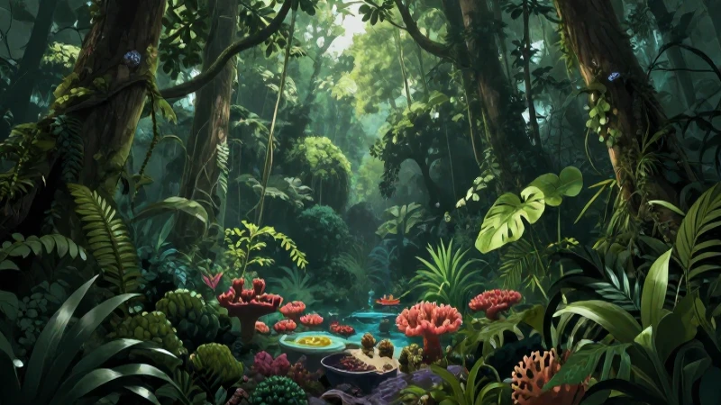 Selva exuberante, arrecife vibrante, iluminación cinematográfica